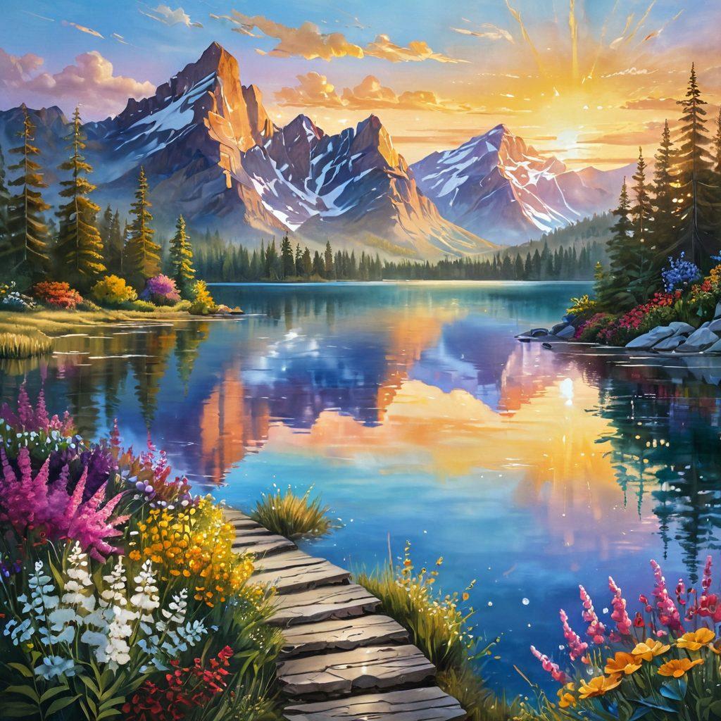 A serene landscape bathed in golden sunlight, showcasing a radiant sunrise peeking over majestic mountains. Delicate crystal-like sparkles float in the air, symbolizing light and positivity. In the foreground, a path lined with vibrant flowers leads to a tranquil lake reflecting the shimmering light. Soft ethereal elements evoke a sense of peace and enlightenment. painting. vibrant colors. dreamy atmosphere.
