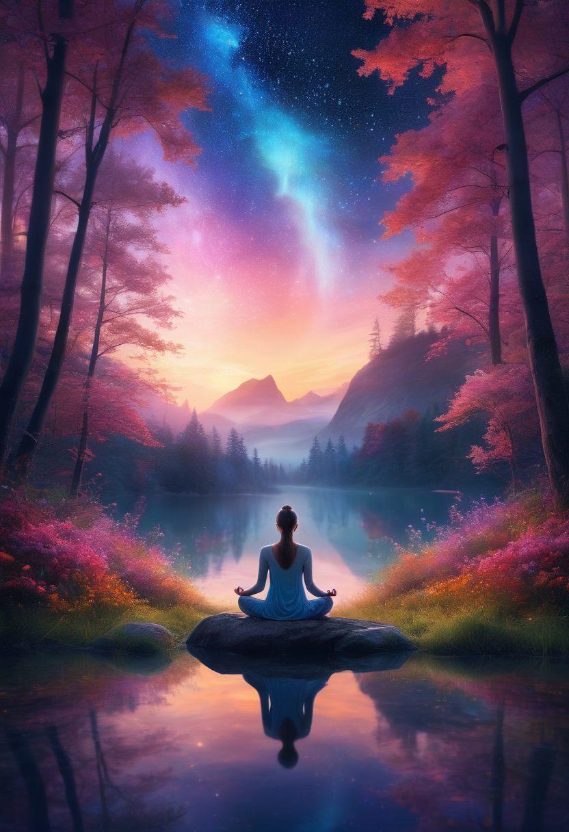 A mystical landscape featuring a serene woman meditating at sunrise, surrounded by glowing auroras in vibrant colors. Ethereal light beams radiate from her aura, illuminating a tranquil forest filled with delicate flowers that seem to shimmer. The sky transitions from deep navy to soft pastels, reflecting a sense of inner peace and enlightenment. Elements like swirling mist and sparkling stars enhance the magical atmosphere. surrealism. vibrant colors. soft focus.