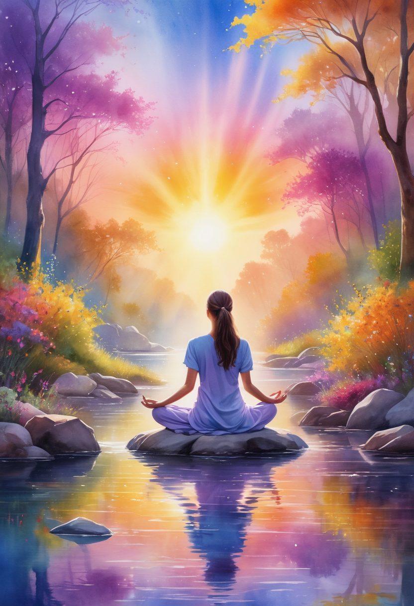 An ethereal scene featuring a radiant figure meditating, surrounded by colorful auras in a serene landscape. The auras should be depicted with swirling colors like blue, gold, and violet, reflecting tranquility and energy. Soft beams of light should radiate from the figure, illuminating the surroundings with a warmth that hints at enlightenment. Incorporate nature elements like blooming flowers and a gentle flowing river, adding to the serene ambiance. watercolor painting. vibrant colors. energetic and peaceful atmosphere.